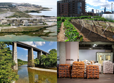 a collage of four pictures: a hydro plant, a roof top garden, a bridge above a canal, and a food terminal storage facility