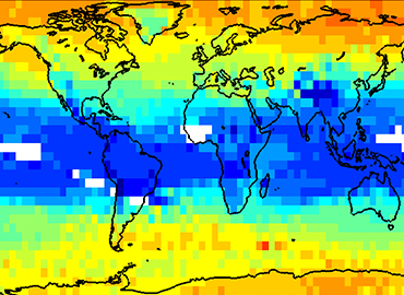 Close up of an ozone map, shows the outlines of continents overlaid with colours representing information.