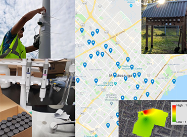 A collage of air monitoring equipment and monitoring maps.
