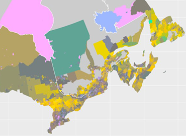 Map showing age distribution of Canada via different colours.