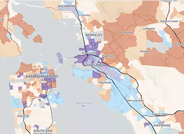 A map of Bay area showing the outlines of different regions overlaid with colours representing information.